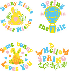 Easter design set with bunny ears and eggs. Easter quote for baby. Groovy style