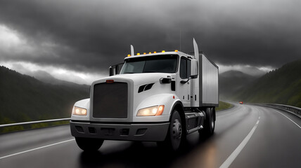 A truck is driving on the road. Dark dramatic landscape as background, gloomy sky with rainy clouds, forest and hill. Generative AI.