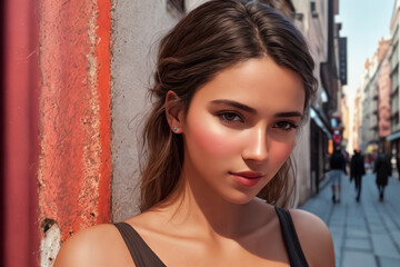 Fototapeta premium A beautiful woman portrait, city street with lights as background. Generative AI.
