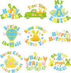 Fototapeta na wymiar My first Easter design set with bunny ears and eggs. Easter quote for baby. Groovy style