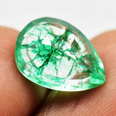 Natural gemstone green emerald on gray background