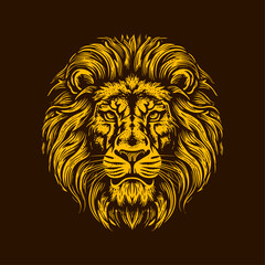 Hand drawn Lion Head illustration. Vintage woodcut engraving style vector illustration on dark background.