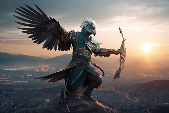 AI-Generated Epic DND Paladin Aarakocra Bird Character, From the Elemental Plane of Air and Faerun's Kenku Playable Race atop of a Mountain