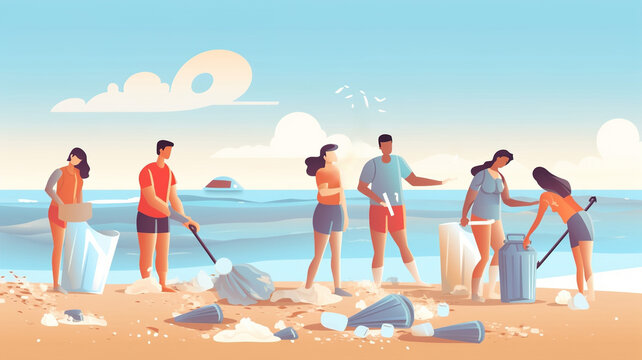 Group of eco volunteers picking up plastic trash on the beach, Charity, activists, earth day illustration