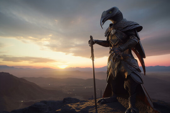 AI-Generated Epic DND Paladin Aarakocra Bird Character, From the Elemental Plane of Air and Faerun's Kenku Playable Race atop of a Mountain
