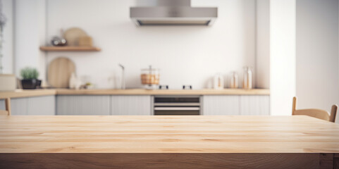 Fototapeta na wymiar Light Wooden Kitchen Table with Blurred Background