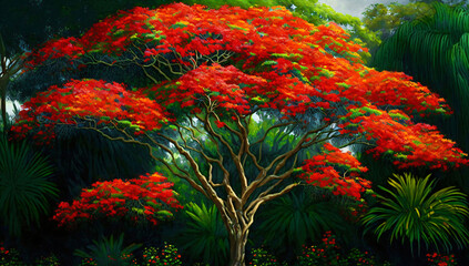 Ai Generated, Flamboyant tree in garden. - obrazy, fototapety, plakaty