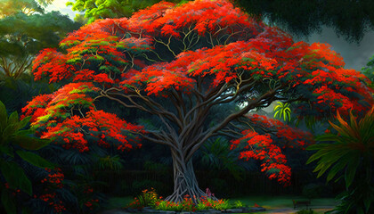 Fototapeta na wymiar Ai Generated, Flamboyant tree in garden.