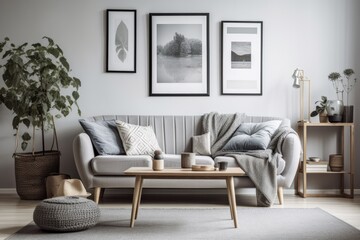 Poster over grey couch with cushions in white living room with lamp and table. Real picture. Generative AI