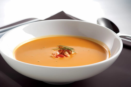Lobster Bisque - France - Lobster, onions, carrots, celery, tomatoes, thyme, bay leaves, parsley, heavy cream, sherry (Generative AI)
