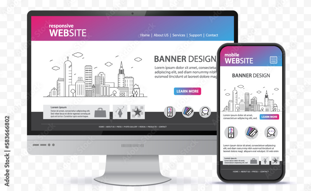 Poster responsive website design with desktop computer and mobile phone screen vector illustration. digital