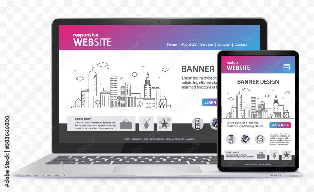 Poster Responsive Website Design With Laptop Computer and Tablet Computer Screen Vector Illustration. Digital devices on transparent background.
