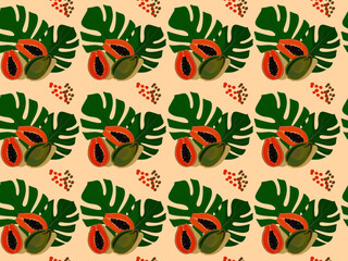 Seamless pattern with tropical fruits and leaves. Papaya. Vector background