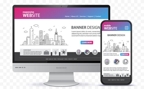 Responsive Website Design With Desktop Computer and Mobile Phone Screen Vector Illustration. Digital devices on transparent background.