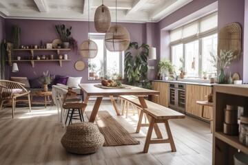 Wooden Scandinavian bohemian kitchen and dining table. Purple white table setup. Bohemian country decor,. Generative AI