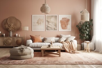 Minimalist boho house interior model, pastel living room,. Generative AI