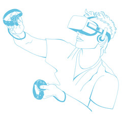 A guy in VR glasses playing a VR game line illustration in light blue