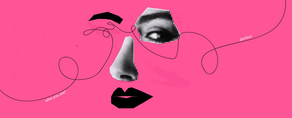 A collage of paper and cut out elements. Eyes nose and lips and eyebrows. Halftone effect banner for beauty salon and advertising beauty treatments. Vector punk illustration, cover