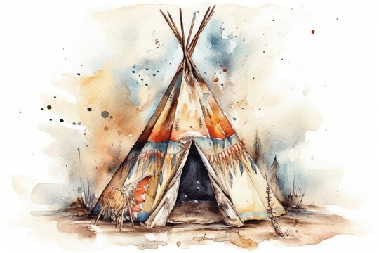 Hand drawn watercolor indigenous teepee, solitary white campground tent. Bohemian American wigwam. Bohemian teepee with arrows and feathers. Generative AI