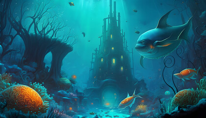 Fototapeta na wymiar Underwater city with fishes. Generative AI