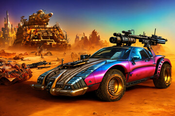 Fototapeta na wymiar Sleek Purple Dystopian Desert Landscape Survival Custom Vehicle with Weapons Generative Ai Illustration