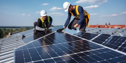 workers installing photovoltaic solar panels, generative AI