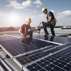 workers installing photovoltaic solar panels, generative AI - obrazy, fototapety, plakaty