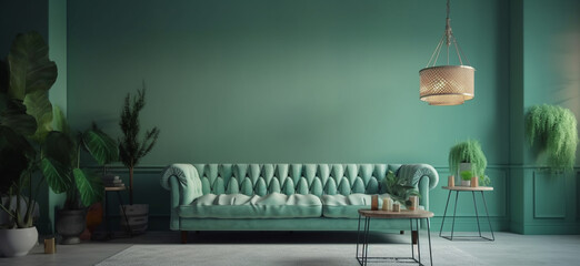 Blank green wall in a trendy, pastel colored room with plush sofas, a plant, and lamps,Generative AI