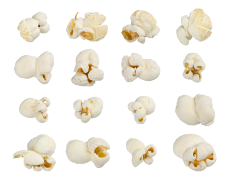 Popcorn seeds, set of macro shots of salted or caramel pop corn, png isolated on transparentbackground