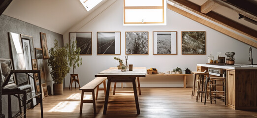 Close up of an attic kitchen with white walls, a long wooden table,Generative AI