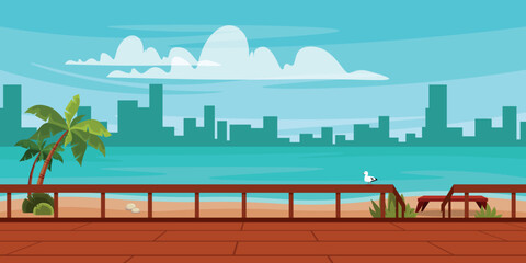 Vector illustration of a beautiful embankment with palm trees and a descent to the water, in a cartoon style.The city beach of clear blue water with buildings on the horizon.