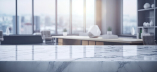 Empty white marble tabletop and blurred bokeh office,Generative AI