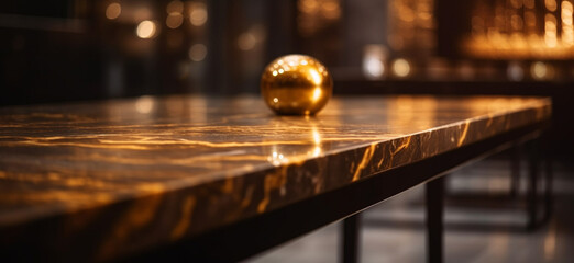 Modern empty dark gold marble table top on blurry bokeh room interior,Generative AI