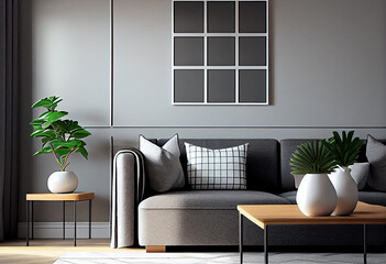 Modern minimalist living room with gray sofa, wooden cube, plaid pillows,Generative AI