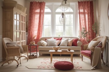 Vintage living room with drapes, fabric couch, and red and beige rattan carpet. Parquet and arched window. Farmhouse decor,. Generative AI