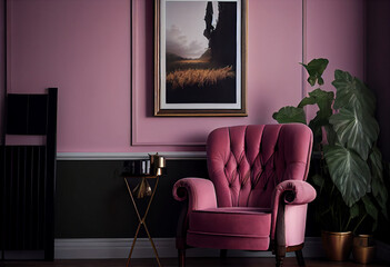 There is a pink velvet recliner and a blank picture frame on the wall,Generative AI