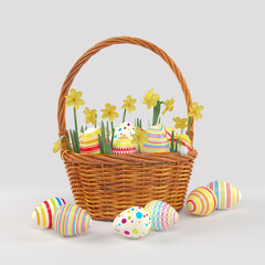 3d Rendering - Osterkorb mit bunten Ostereiern auf weißen Hintergrund. - Urlaub - Ostern - Ferien