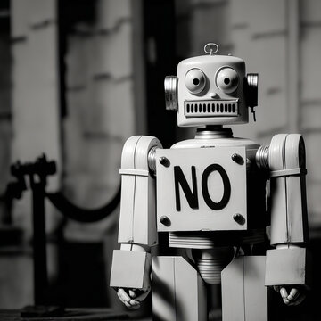 Black and white robot saying "no" in a determined expression. Use this image to promote products related to technology or artificial intelligence. Generative AI