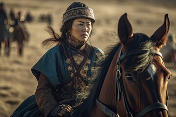 Genghis Khan's male and female Mongolian generals and warriors on the steppe