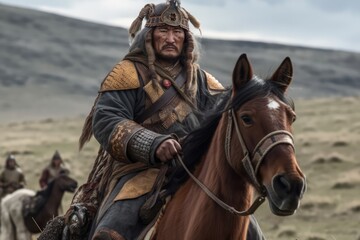 Obraz premium Genghis Khan's male and female Mongolian generals and warriors on the steppe