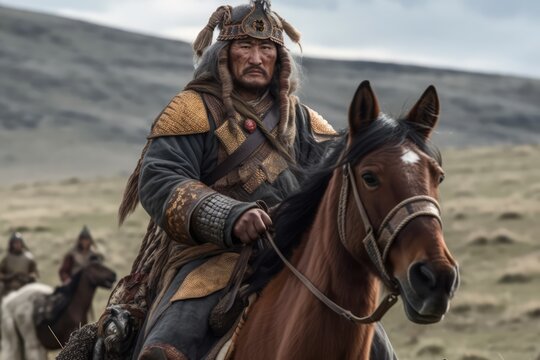 Genghis Khan's male and female Mongolian generals and warriors on the steppe