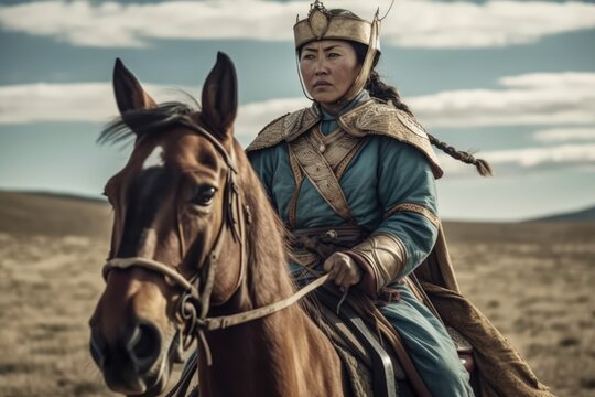 Genghis Khan's male and female Mongolian generals and warriors on the steppe