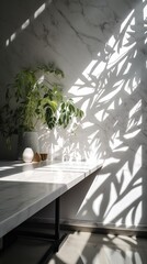 Minimalist white marble stone counter table, tropical tree in sunlight, leaf shadow on concrete texture wall. Generative AI.