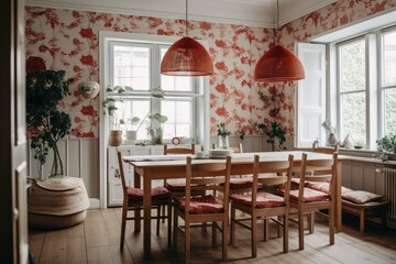 Fototapeta na wymiar White and red farmhouse dining room. Floral wallpaper, seats, table. Japanese interiors. Generative AI