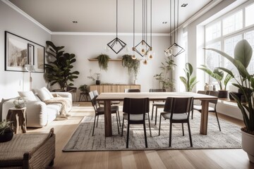 Fototapeta na wymiar Contemporary white and dark dining and living room. Table, seats, and carpet. Farmhouse decor,. Generative AI
