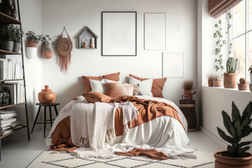 Boho bedroom with frame mockup. Generative Ai