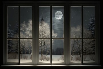 Closed windows on a winter night with a full moon. Generative AI