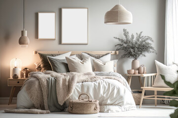 Boho bedroom with frame mockup. Scandinavian style decoration. Generative AI