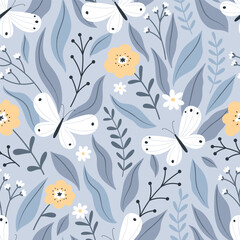 Seamless pattern with butterflies, flowers and leaves. Flat style pastel palette.