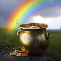 AI generated golden pot with gold coins on green grass and rainbow background